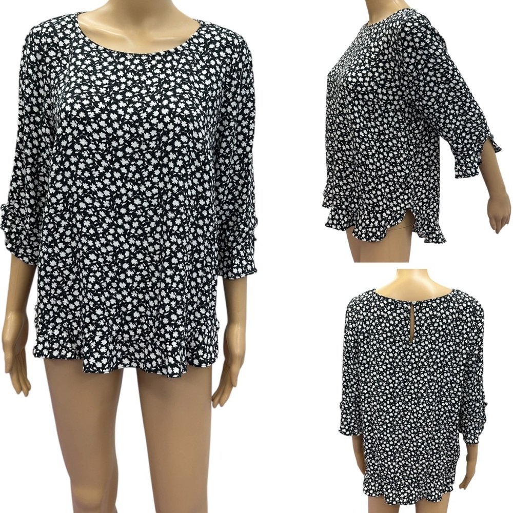Sussan Black White Floral 3 Quarter Sleeve Textured Ruffled Blouse Top Sz 16